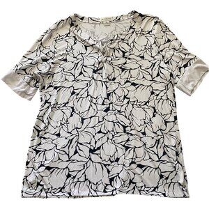 Liz Claiborne XL Top Black & White Floral Lace Up V-Neck Cotton Stretch‎